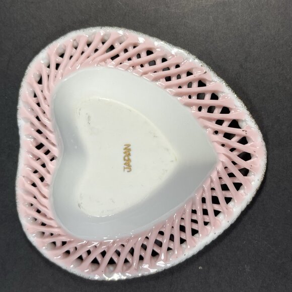VTG Heart Shaped Porcelain Trinket Dish – Pink Lattice Edge Gold Trim Japan - Picture 7 of 7